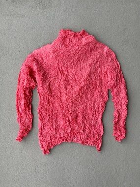 Issey Miyake Crinkled Top in Vibrant Coral Pink